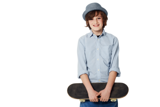 Boy child, skateboard and portrait with smile by png background for fashion, sport and happiness. Male kid, isolated model and skater with happy, excited face and toys for sports, freedom or travel