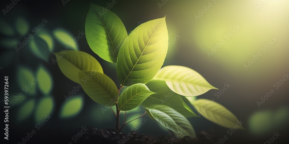 Poster image of a green leaf against a background of hazy garden foliage with white copy space. generative 