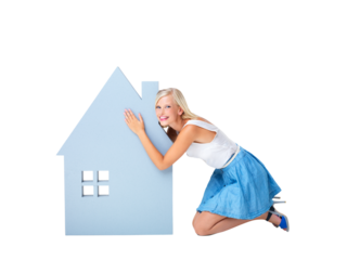 House, sign and portrait of woman isolated on transparent, png background real estate, property or mortgage loan. Homeowner investment, happy person and hug new home icon, insurance and rent security