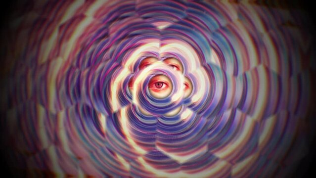 Eyes Glow Vortex Growing Weird Motion Background. Hypnotic eye lurking in glowing circles growing on a strange background. Motion background