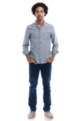 Man, serious and portrait with hands in pocket isolated on a transparent png background. Confident black male model with a cool attitude, mindset and confidence in casual denim fashion style