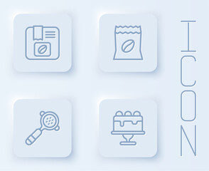 Set line Bag of coffee beans, Coffee filter holder and Cake. White square button. Vector