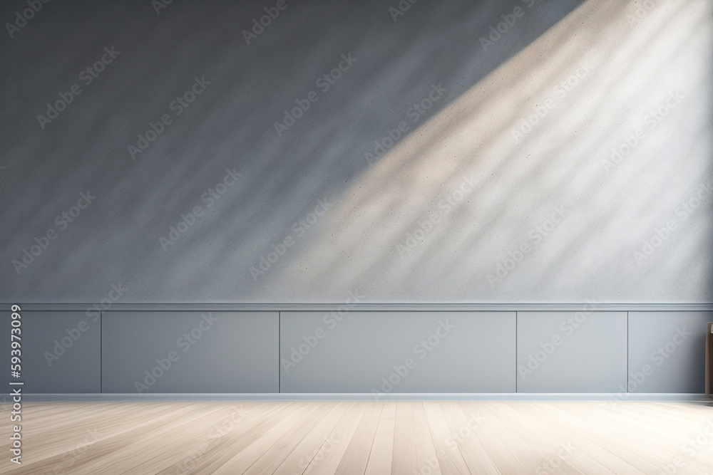 Poster beautiful versatile backdrop for product design and presentation with a gray wall and wooden floor.