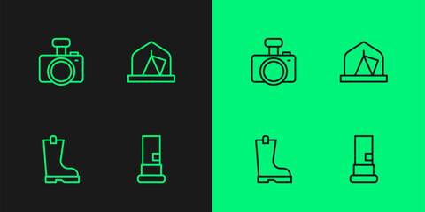 Set line Cartridges, Waterproof rubber boot, Photo camera and Tourist tent icon. Vector