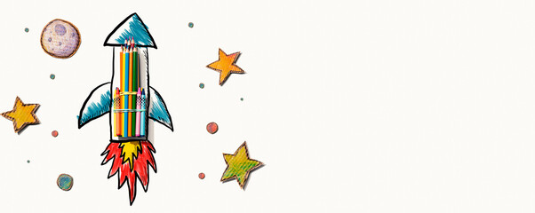 Back to school theme with hand drawn rocket and colored pencils