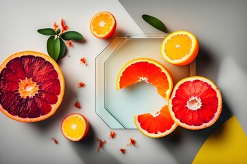 Half of grapefruit and blood orange on white wooden tray Summer refreshment concept. - generative ai
