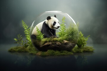 Fototapeta premium Abstract concept of the earth and animal day in forest with protected animals in glass globe. Generative AI.