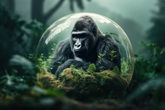 Abstract concept of the earth and animal  day  in forest with protected animals in glass globe. Generative AI.