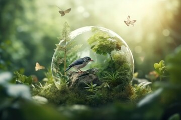 Abstract concept of the earth and animal  day  in forest with protected animals in glass globe. Generative AI.