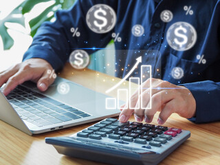 Business graph digital businessman calculating monitoring sales growth profit return on investment on background coin currency