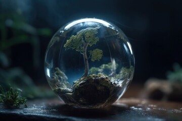  World environment and earth day concept with glass globe and eco-friendly environment. Generative Ai.