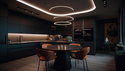 interior of modern kitchen with cinematic lights by generative ai