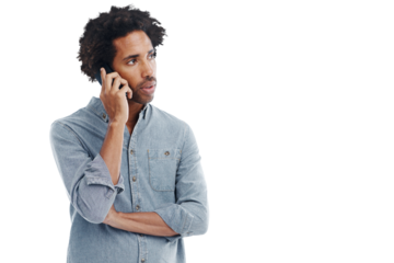 Phone call, communication and black man talking on transparent background for contact, connection and chat. Network, png studio and isolated male on smartphone for conversation, discussion and speak