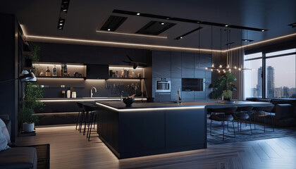 Interior of a Modern Kitchen with cool cinematic lights by generative ai