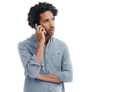 Phone call, communication and black man talking on transparent background for contact, connection and chat. Network, png studio and isolated male on smartphone for conversation, discussion and speak
