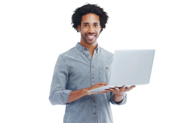 Man, laptop and smile portrait with internet isolated on a transparent, png background for email. Happy black male model with computer for research, connection or social media on alpha channel