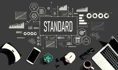 Standard theme with electronic gadgets and office supplies - flat lay