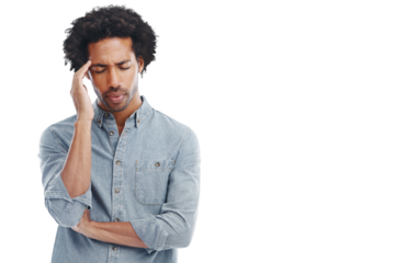 Stress, anxiety and PNG with a man isolated on a transparent background while suffering from a headache. Mental health, burnout and tired with an exhausted male feeling overworked or in pain