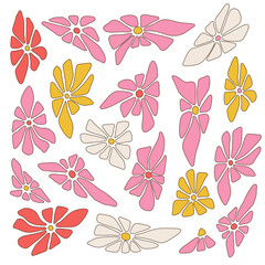 Set of distorted groovy colorful daisy flowers in pink, yellow, red colors colors. Fashionable design elements collcection in 00s, 90s, y2k style. Vintage abstract Vector illustration.