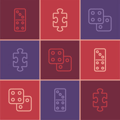 Set line Domino, Game dice and Puzzle pieces toy icon. Vector