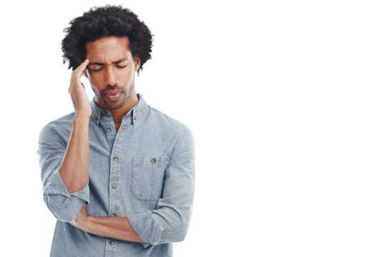 Stress, anxiety and PNG with a man isolated on a transparent background while suffering from a headache. Mental health, burnout and tired with an exhausted male feeling overworked or in pain
