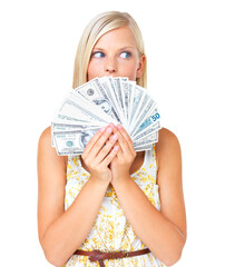 Woman with cash, dollar fan and thinking about lotto or bonus with investment isolated on transparent png background. Money, wealth and economic success, financial freedom and female with surprise