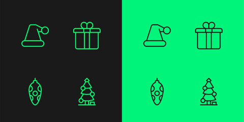 Set line Christmas tree, toy, Santa Claus hat and Gift box icon. Vector