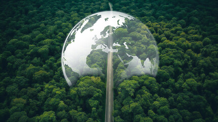 Eco-conscious car journeying through forest landscape, Earth planet visible amidst the trees, promoting ecosystem health, eco-tourism in harmony with nature, sustainable EV  car