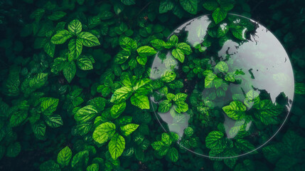 Green leaves with earth planet overlay background, Ecosystem ecology healthy environment background, nature, earth day