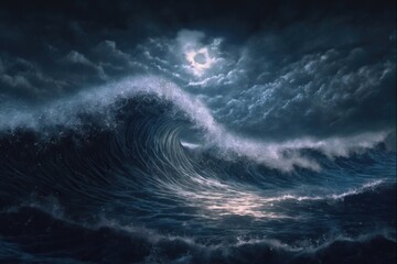 Night Stormy Waves. Generative AI illustration - obrazy, fototapety, plakaty