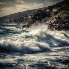 "The Violent Beauty of Waves Crashing on Rocks"generative ai