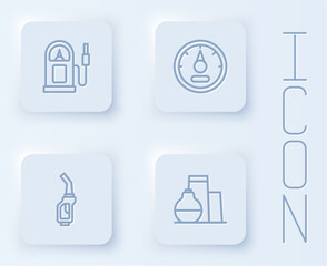 Set line Petrol or gas station, Motor gauge, Gasoline pump nozzle and Oil tank storage. White square button. Vector
