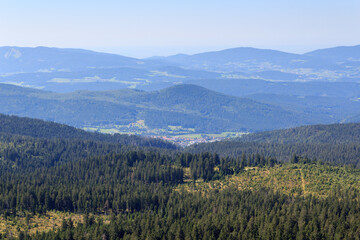 Panorama view of Bavarian Forest and municipality Bodenmais seen from mountain Großer Arber, Germany