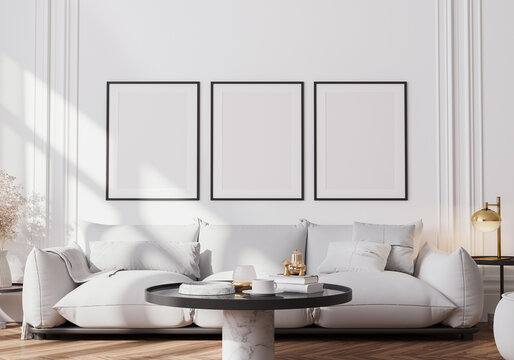 White living room mockup, contemporary interior design room, black frames on white wall, 3d render 
