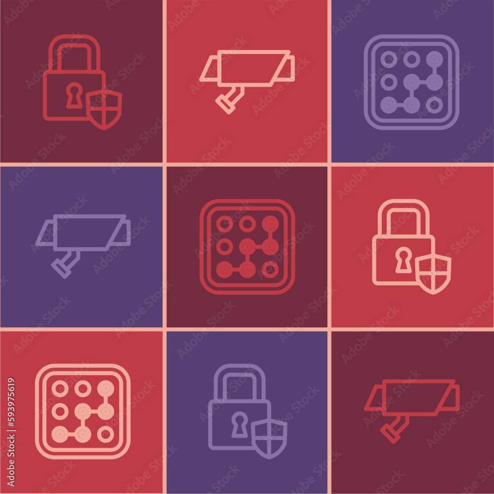 Poster set line shield security with lock, graphic password protection and security camera icon. vector