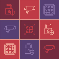 Set line Shield security with lock, Graphic password protection and Security camera icon. Vector