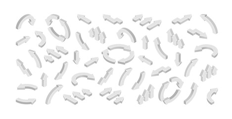 White 3D isometric arrows mega set. Vector marketing data graphs elements set. Abstract isometric infographics template. Simple, circle and rounded arrow for app, web, advert, presentation design