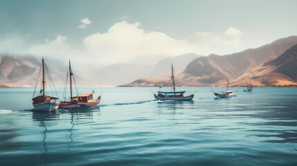 Fototapeta na wymiar Boats On The Ocean With Mountainous Background 1