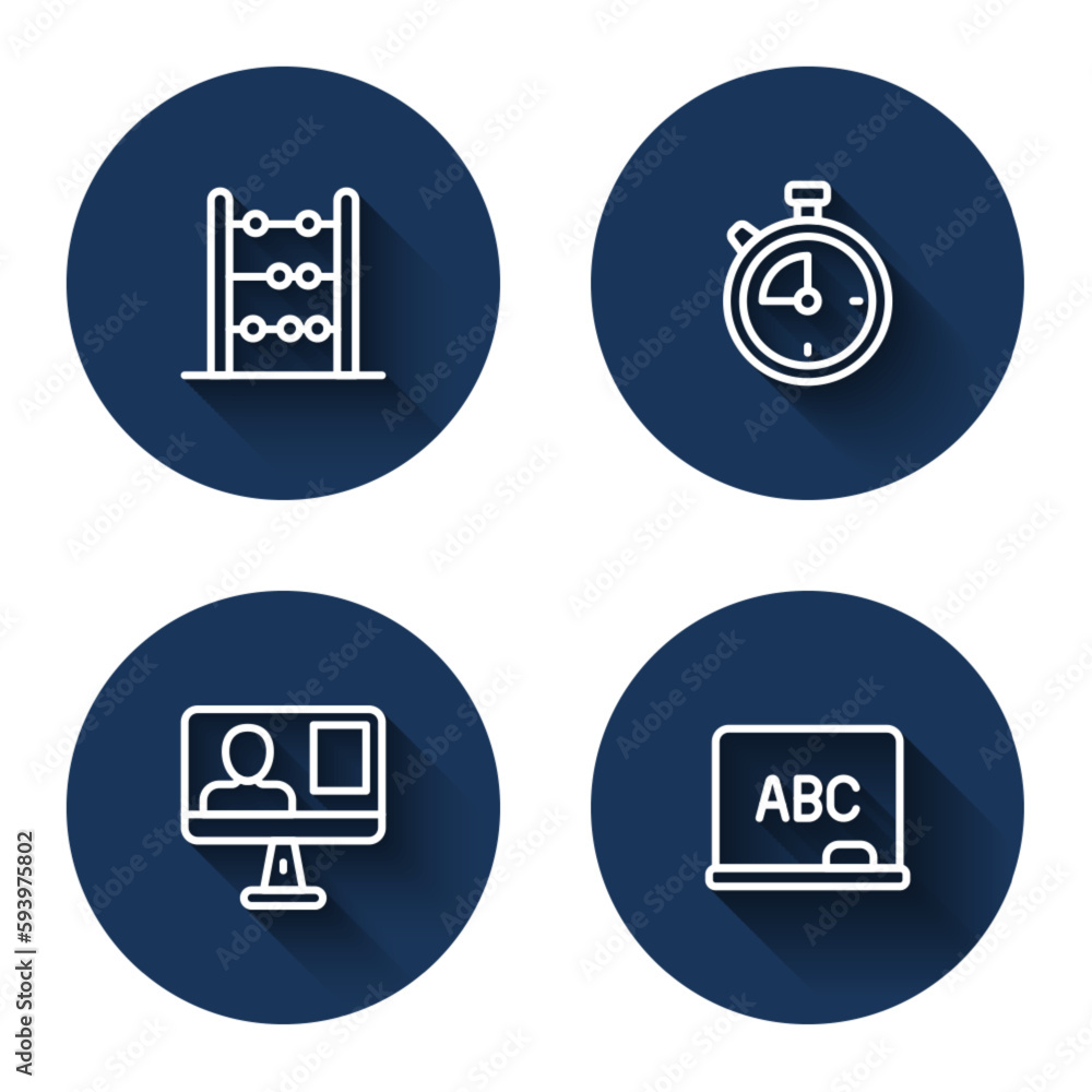 Poster set line abacus, stopwatch, online class and chalkboard with long shadow. blue circle button. vector