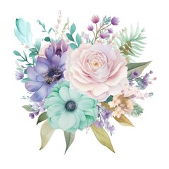 Watercolor Beautiful Mint green, more light pink, lavender and light blue flower bouquet isolated on white background, Generative AI
