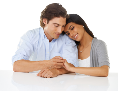 Happy, love and couple holding hands with smile on isolated, png and transparent background. Relationship, dating and face of man and woman hugging, embrace and together for valentines day romance