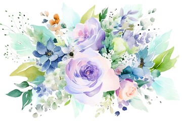 Watercolor Beautiful Mint green, more light pink, lavender and light blue flower bouquet isolated on white background, Generative AI