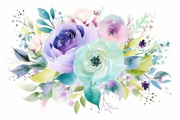 Watercolor Beautiful Mint green, more light pink, lavender and light blue flower bouquet isolated on white background, Generative AI
