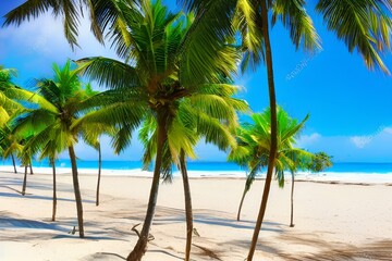 Coconut trees on a sandy beach in summer , summer day , summertime - generative ai

