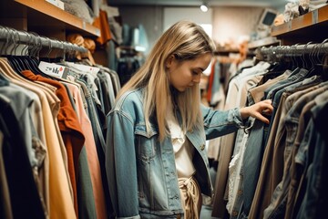 Young girl shopping in second hand clothes shop. Generative AI