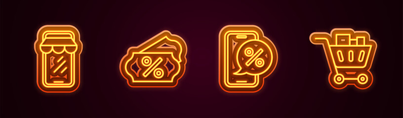 Set line Online shopping on phone, Discount percent tag, Percent discount and Shopping cart and food. Glowing neon icon. Vector