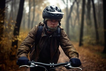 Young adult man enjoying bike ride in the woods in autumn. Generative AI
