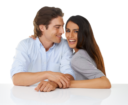 Portrait, love and couple smile together holding hands feeling happy with trust. Happiness, loving and man with woman romance with marriage partner and isolated on a transparent png background