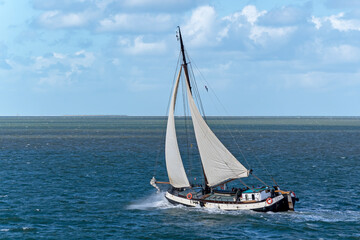 Fototapeta premium During a windy autumn day these people enjoy a sailing trip with a traditional sailing boat on the Wadden Sea near Vlieland