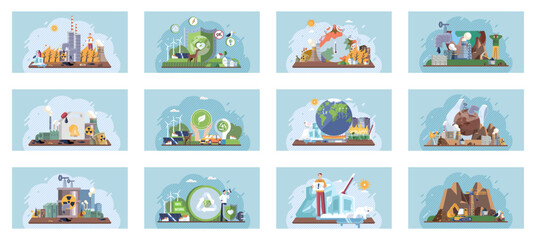 Toxic waste from human set. Industries create pollution and cities affected by pollution. Climate change cycle dried or dry cracked land suffering from drought. Weather global greenhouse warming risks